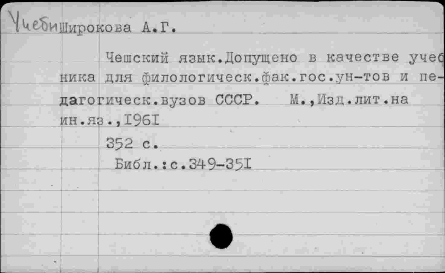 ﻿N кб^ИЩцр
окова А.Г
Чешский язык.Допущено в качестве учес ника для филологическ.фак.гос.ун-тов и пе-дагогическ.вузов СССР.	М.,Изд.лит.на
ин.яз.,1961
352 с.
Библ.:с.349-351